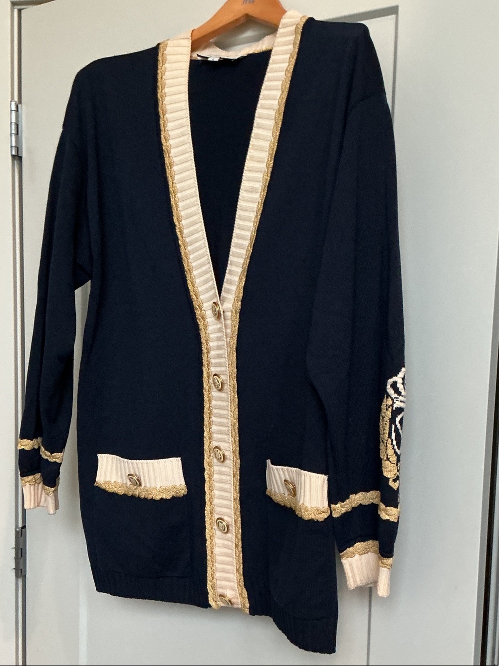 St. John Collection Navy Cardigan with Cream and Gold Trim